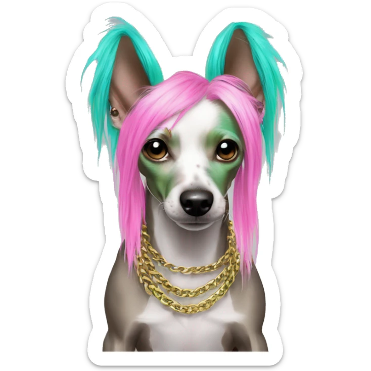 Punk Chinese crested dog neon rainbow cyan green pink hair gold chain punk piercings tattoos punk ear piercings sticker