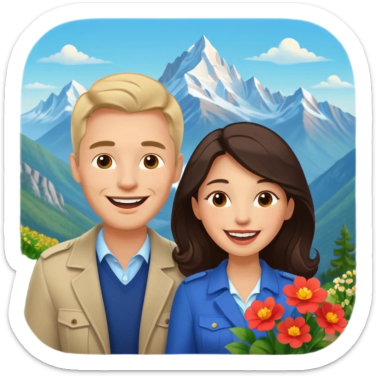 Couple  laughing traveling russian man and elegant  Latina girl delicate flowers and mountains in the background  sticker