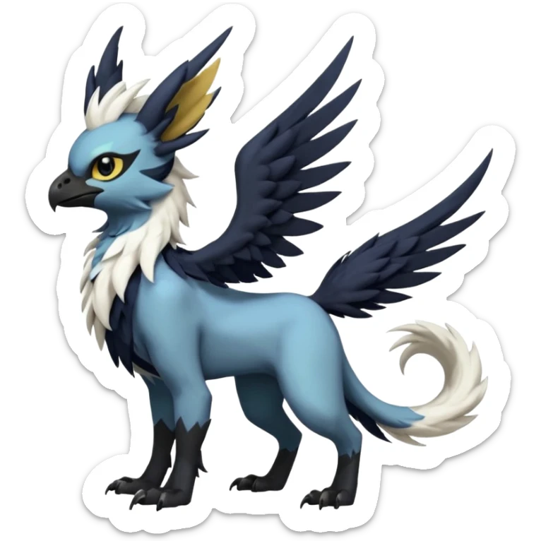 Dark-deep-colored gryphon-Trico-Nargacuga-Absol-Leafeon-Sprigatito-Silvally-fusion-hybrid with a long tufted tail, black beak, black claws, black tail, majestic, realistic, furry (full body) sticker