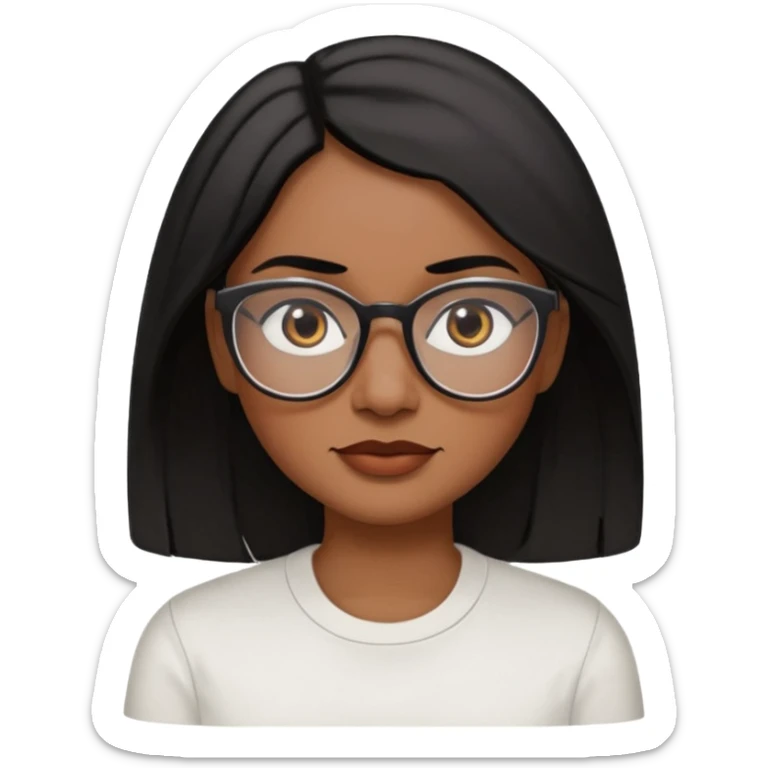 A 35 years old  woman emoji with medium-dark skin, straight shoulder-length black hair parted to the side, an oval-shaped face, arched dark eyebrows, large brown eyes with glasses, a small nose, and natural-toned lips. sticker