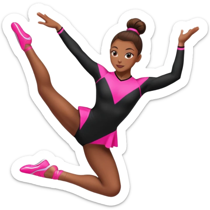 A female gymnast with brown hair in a neat bun, wearing a black uniform with neon pink elements, performing an acrobatic move. A female gymnast with brown hair in a neat bun, wearing a black uniform with pink elements, performing an acrobatic move. sticker