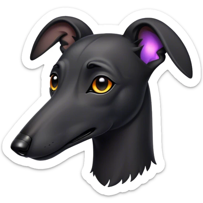 Cinematic Noble Black Greyhound Portrait Emoji, Poised and regal, with a lean, graceful build and a sleek, jet-black Fur, deep-set soulful dark eyes, Simplified yet sharp and sophisticated features, highly detailed, glowing with a soft, dignified glow, high shine, intelligent and swift, stylized with an air of elegance, focused and attentive, soft glowing outline, capturing the essence of a watchful and commanding racer, so majestic it feels as though it could sprint out of the screen with effortless authority! sticker