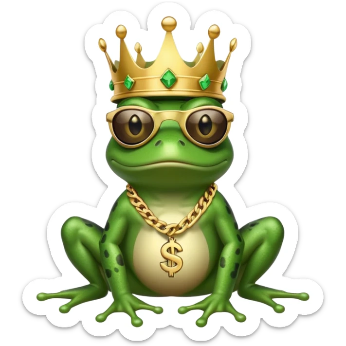 gangster frog wearing a gold crown, cool sunglasses, gold chain, dollar sign chain sticker