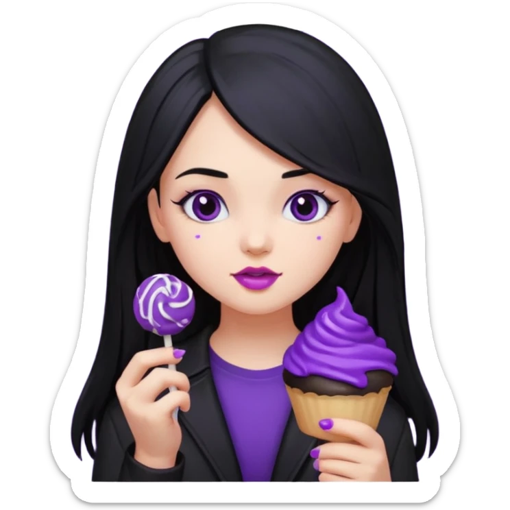 girl with long black hair, black clother with eating disorder purple sweet food sticker