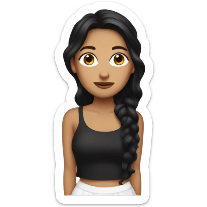 back side of a: brown women, with black hair, a white crop top, wavy long hair sticker