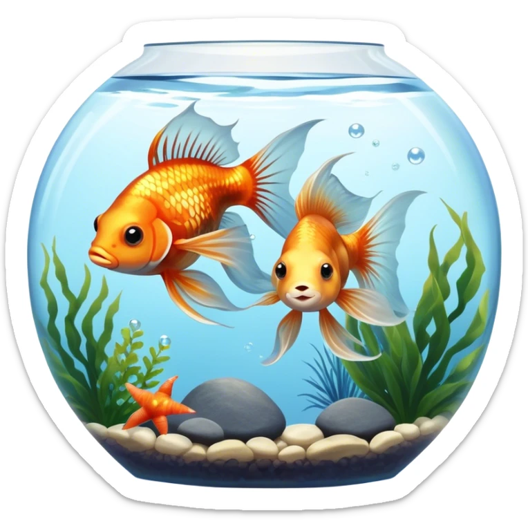Large aquarium fish like veil tails and lionhead goldfish swimming gracefully in a beautifully decorated aquarium. Colorful aquatic plants, smooth rocks, and gentle bubbles surround the fish. The water shimmers in sunlight, creating a peaceful and vibrant underwater scene. Transparent background. sticker