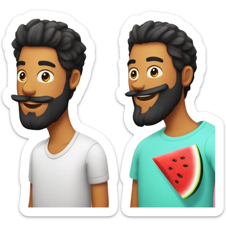 Black beard man with friend chiken in one and in the other one a slice of watermelon sticker