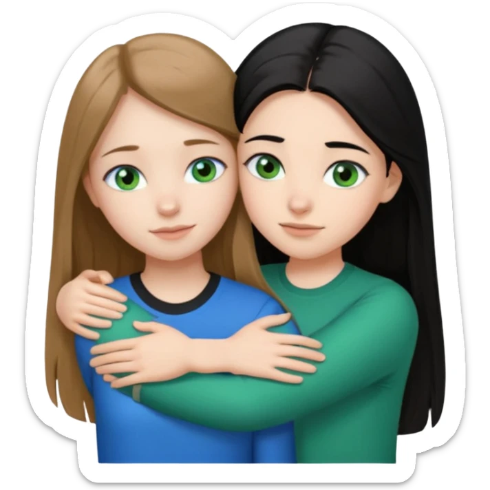 una ragazza dall‘ età di 19 anni con capelli castani chiaro lunghi e lisci ,  occhi blu  ,  e una ragazza di 17 anni capelli neri occhi verdi che si abbracciano e con una maglia bianca o nera  sticker
