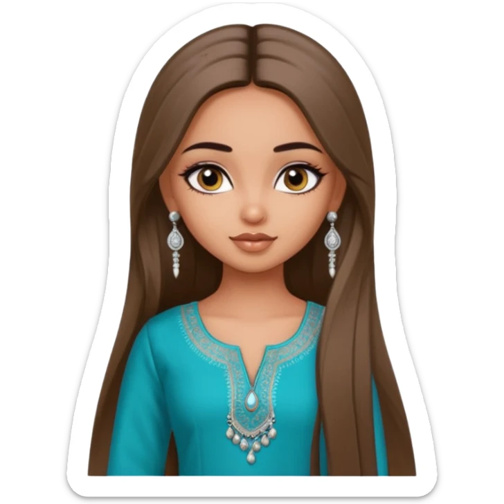 generate a pretty bratz girl wearing a kurti, eyeliner on, long straight hair, silver jhumkas in ear sticker