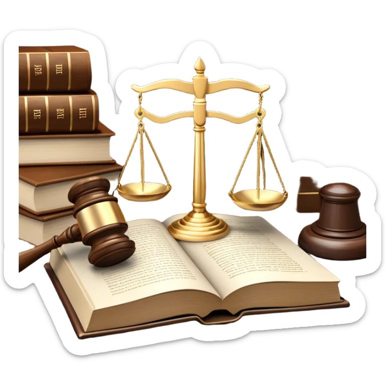 An icon featuring a gavel, legal scales, and a law book, symbolizing the study of law. The design includes a courthouse silhouette in the background, representing justice and legal systems. Transparent background highlights the principles of law and legal practice. sticker
