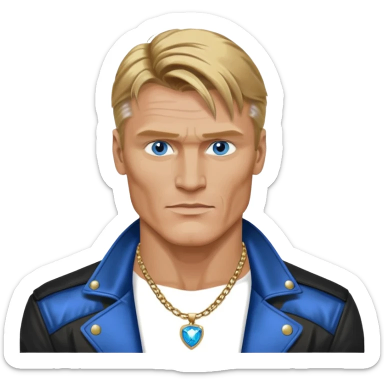 Dolph Lundgern with shirtless with necklace, blue eyes, dark blonde hair, metallic black jacket sticker