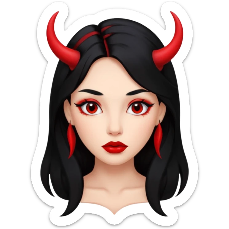skin red A girl's face with cheekbones, long black hair, small red horns, big lips sticker