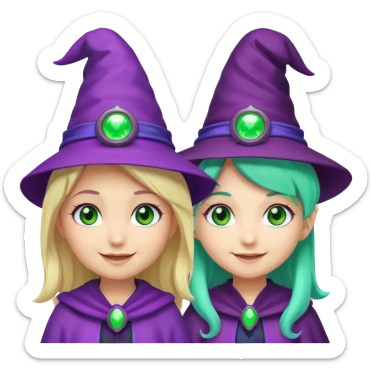 Make a blonde girl with green glowing headset on with teal eyes and a purple haired girl with green eyes waering a purple wit hes hat haveing fun , make them a chibi emoji page sticker
