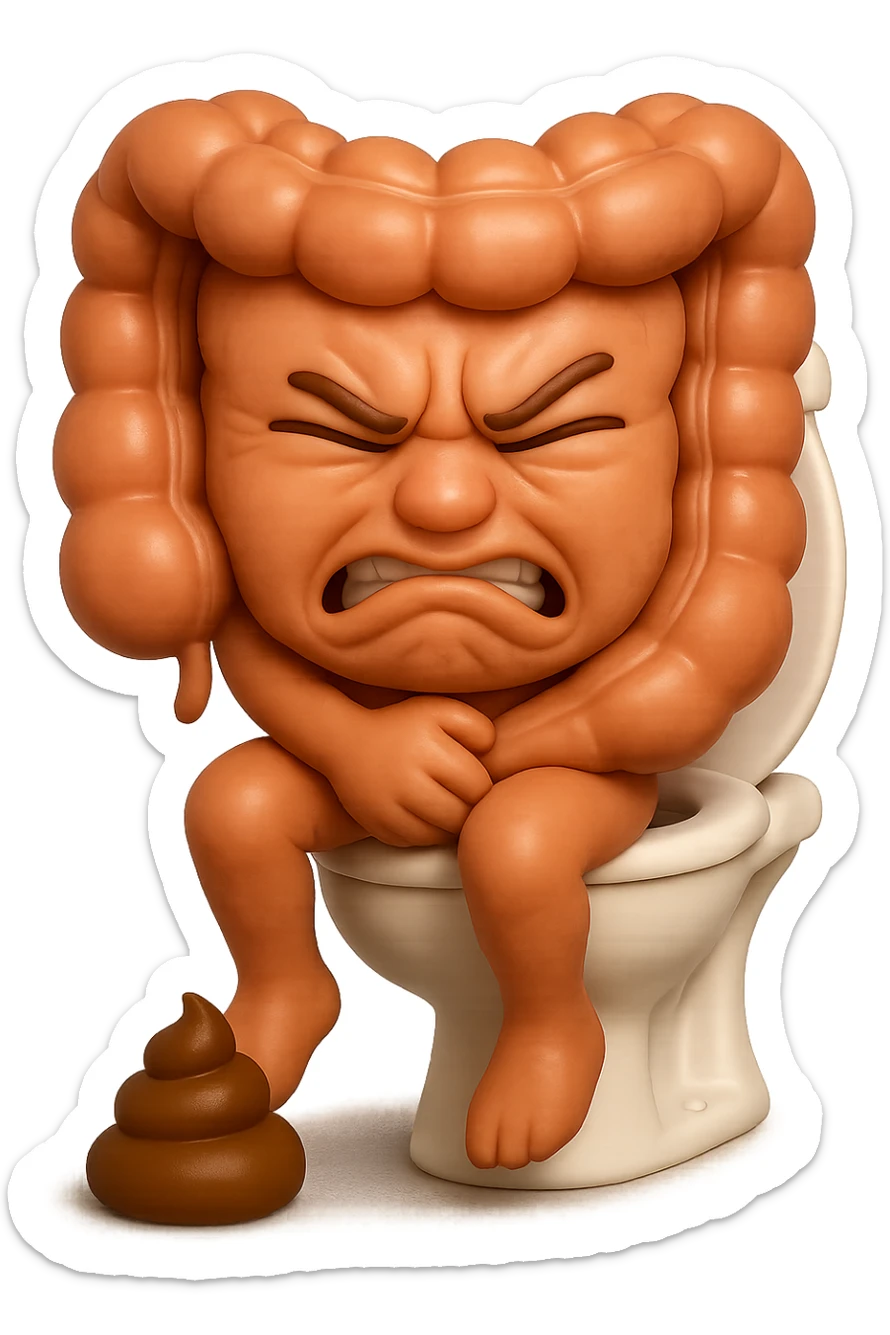 SU QUESTO STILE FAI UN EMOJI STILE IPHONE 3D DI UN INTESTINO CHE sta seduto sul wc e davanti ha una montagnetta di feci a palline stile emoji iphone, fallo senza naso e FAGLI UN ESPRESSIONE di dolore mentre si sforza E FALLO MOLTO REALISTICO IN 3D sticker