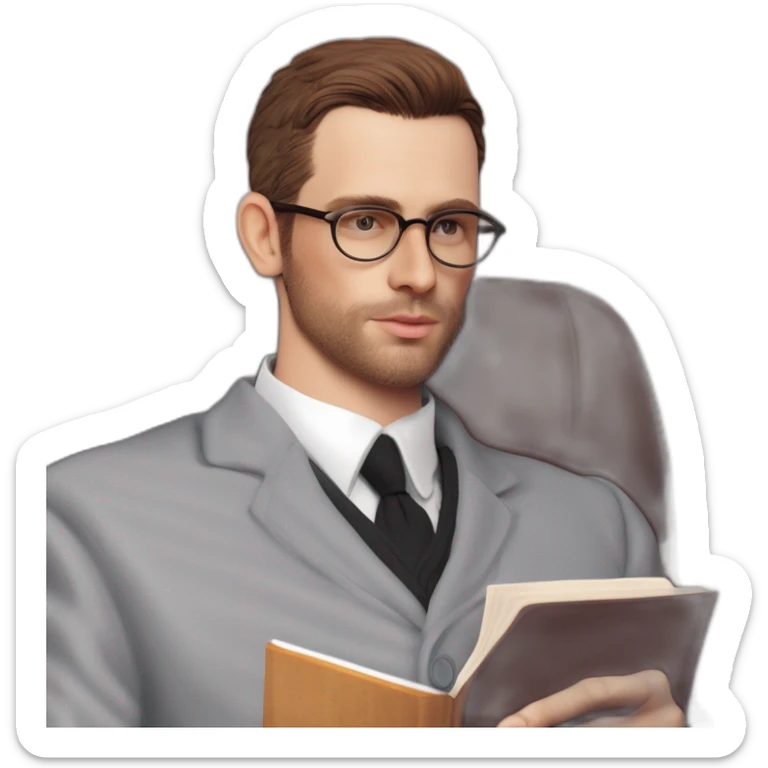 Pale skinned Fit Man With dark brown hair in gray jacket, beige office shirt, Brown pants and vintage glasses sitting In a soft chair with a notebook and a pen Fooling with his tongue sticker