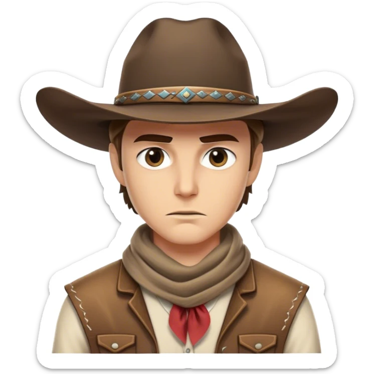 Clash of Clans aesthetic friendly Cowboy Portrait Emoji, With a rugged yet stylized build wearing a classic wide-brimmed hat and bandana, his face rendered in a natural skin tone (not yellow), determined eyes and a steely gaze, Simplified yet dynamic features, highly detailed, glowing with a warm, sunlit frontier radiance, high shine, brave and spirited, stylized with an air of Wild West heroism, focused and ready, soft glowing outline, capturing the essence of a fearless cowboy adventurer ready to ride into epic quests! sticker