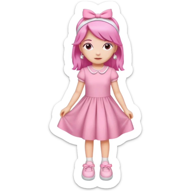 A girl wear a a pink pink dress and pink wacth and a pink hairband and a white shoes sticker