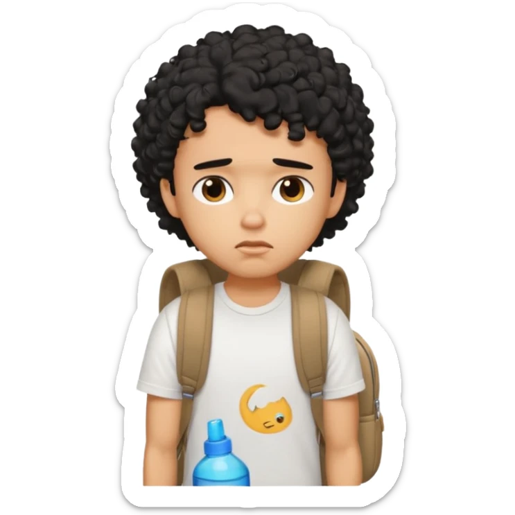 a pretty bratz guy with black curly hair wearing a white tshirt and brown backpack looking tired sticker