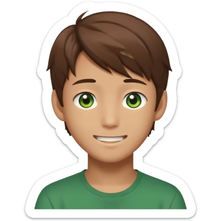 Discord emoji. the face of an Anime asian style teen boy with brown hair, green eyes, looking smiling slightly sideways positioned. Face must be main filling of the frame.  128px sticker
