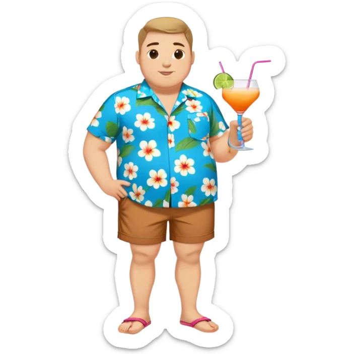 chubby guy full figure in a flowered azure havai shirt, brown shorts and flippers holding a cocktail sticker