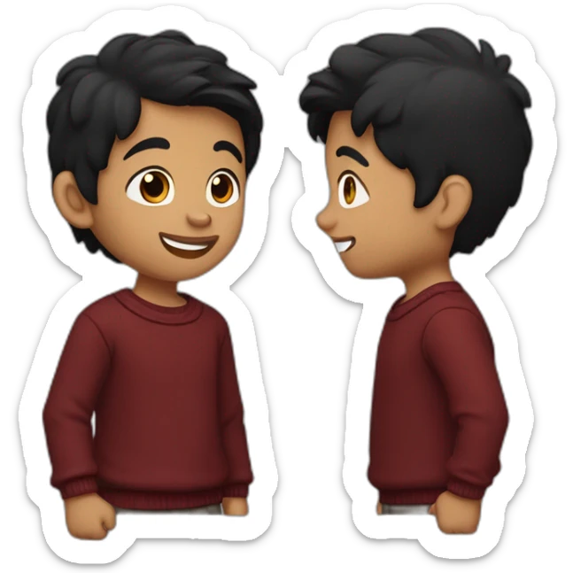 light skin smiling indian kid with black hair wearing a dark red sweater pointing sticker