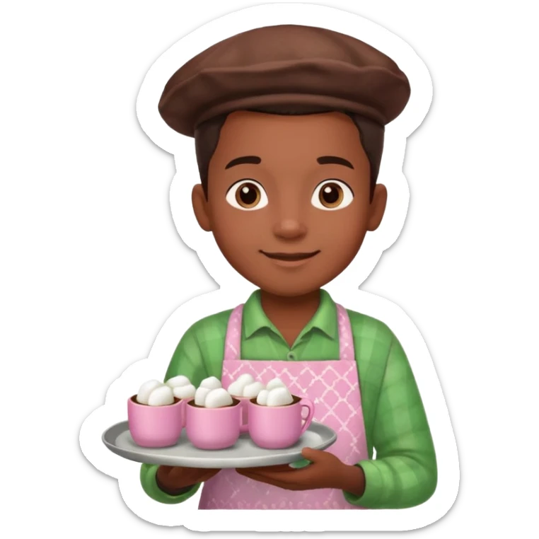 A young black vendor boy with pink cheeks, holding a tray of marshmallow-topped cocoa wearign green patterned apron sticker