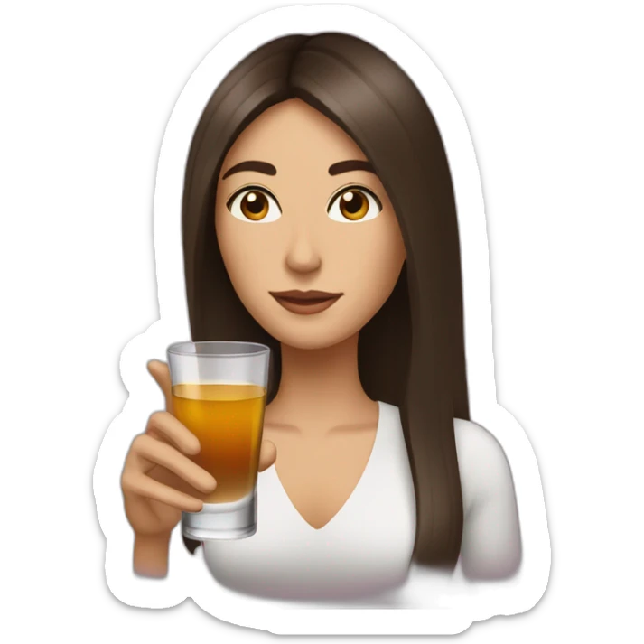 Brunette woman with brown eyes and shoulder-long hair drinking a shot if Rakija sticker