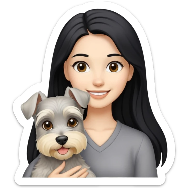 A smilling woman with long black hair holding a blonde Schnauzer sticker