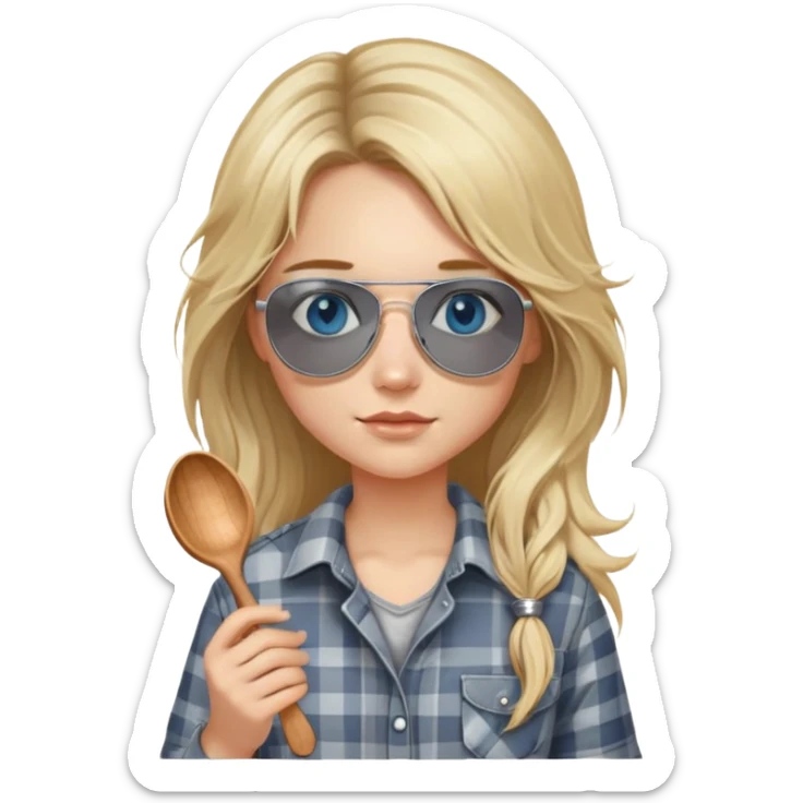 girl with long blond messy hair wearing grey plaid shirt with blue eyes and aviator sunglasses wearing a ring on her silver necklace, holding wooden spoon sticker