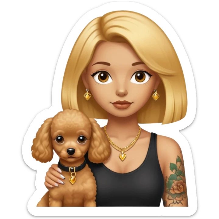 a  girl with glod  straight hair and tattoos and 2 miniature poodles sticker