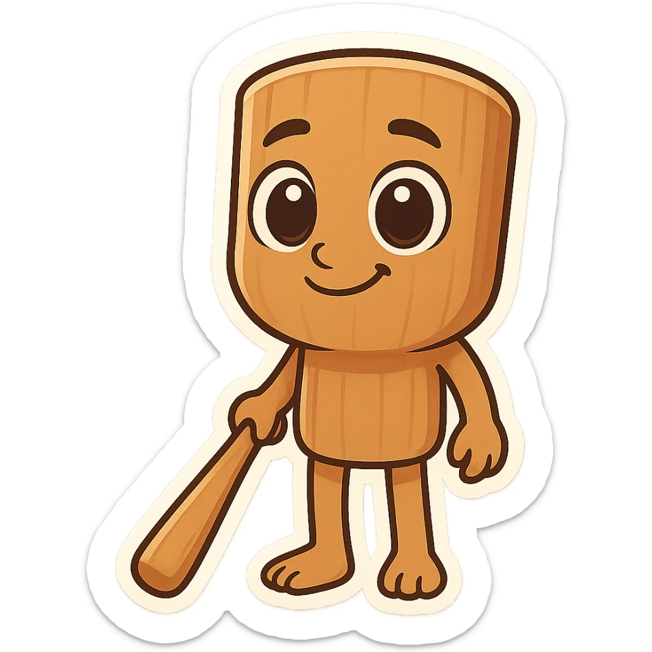 Chibi emoji of Tun Tun Suhoor, wooden stick body, smooth brown texture, big cartoon eyes on the stick, small smile, human arms and legs, holding a wooden bat, absurd and funny meme style, no text sticker