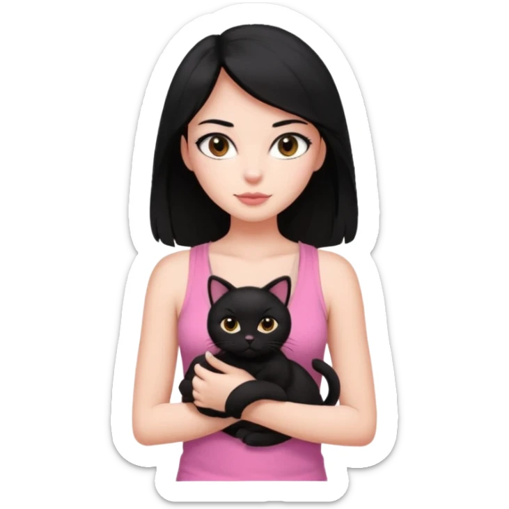 pretty woman with black hair and brown eyes, wearing a pink tank top, holding a black cat sticker