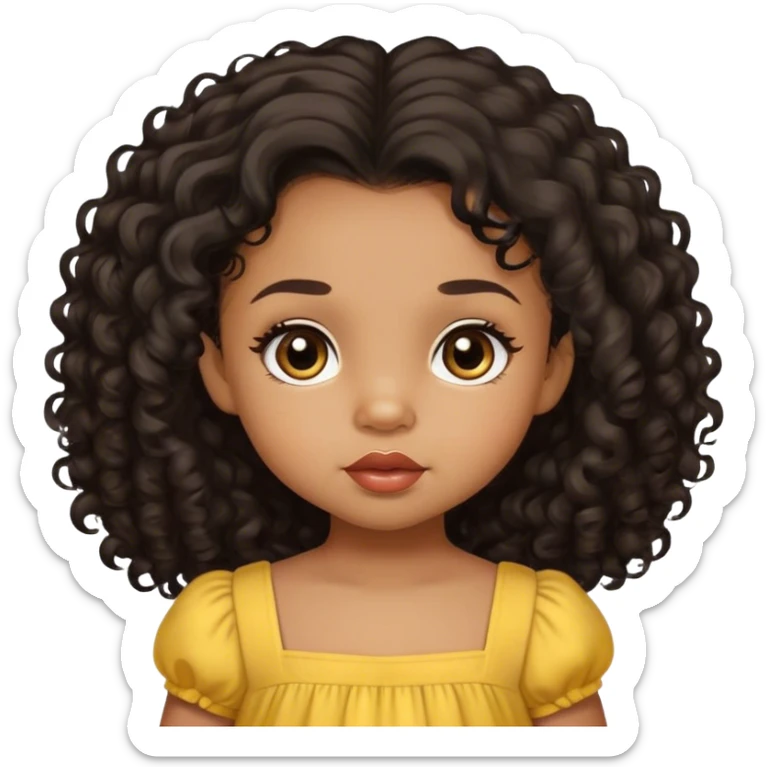 light brown skin tone, very adorable toddler, with big plump lips, long long lashes, black curly hair, middle hair parting, brown eyes, yellow dress sticker