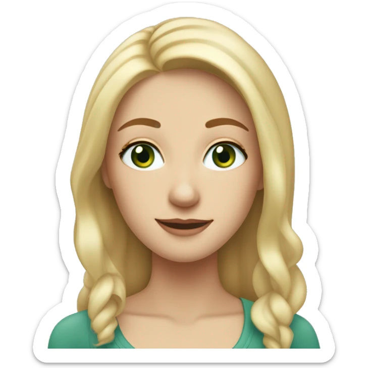 A tall slim blonde haired woman with a central parting with bluey green eyes, a freckle on the right cheek and quite a round face sticker