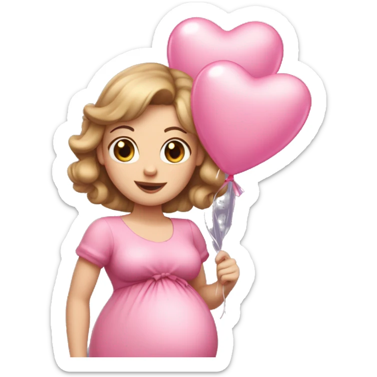White pregnant lady, with Light Brown hair and blue eyes. She is wearing a tight pink dress and a bow,  standing and holding two pink heart balloons. sticker
