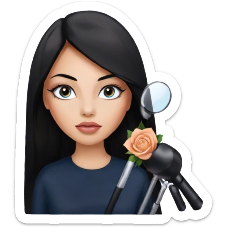 Glamours, tanned, very beautiful girl, with big pump peach-beige-rose lips, eyeliner, long lashes, black straight smooth silky long hair, straight parting hair, blue-grey eyes in black clothes sticker