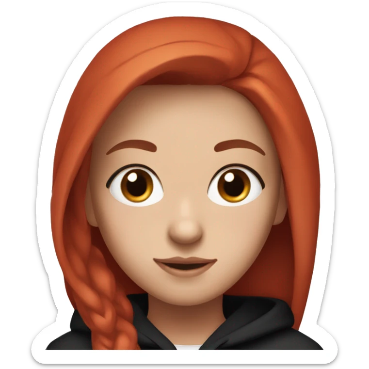 Pretty Girl with long eyelashes, blue eyes, red hair and a black hoodie that has a small white logo on the front sticker