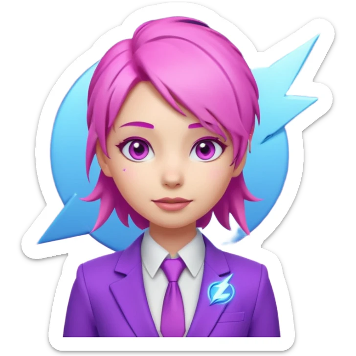 Cute 3D emoji-style girl sexy character with pink hair and purple eyes. No hands, no pose. Clean purple suit with a glowing neon-blue ‘C’ logo on the chest, small lightning accent. Smooth Apple-style lighting, friendly expression sticker