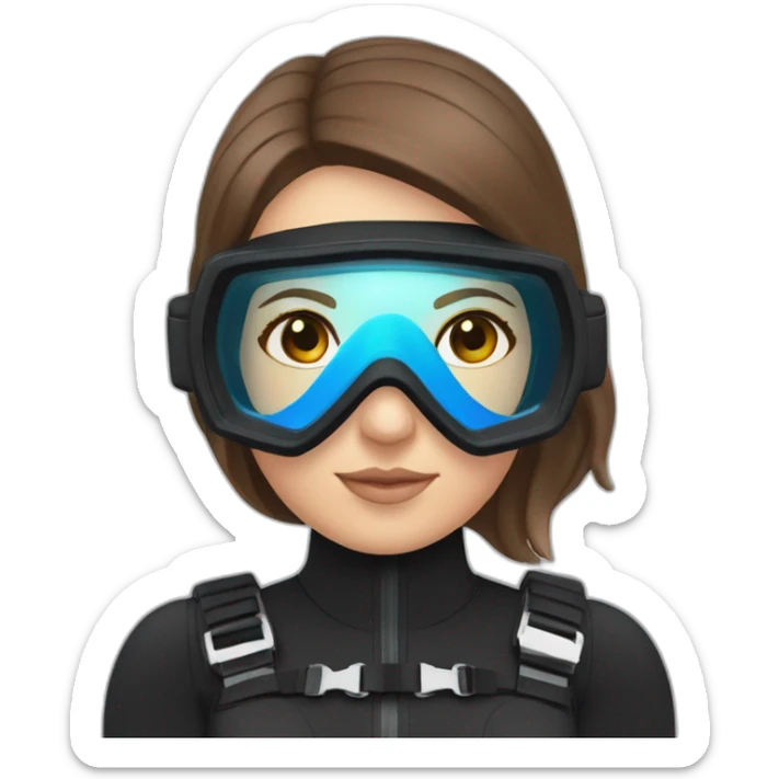 a woman with an a black scubadiver suit. pink dive mask, with blues eyes inside the dive mask. brown largue and straight hair sticker