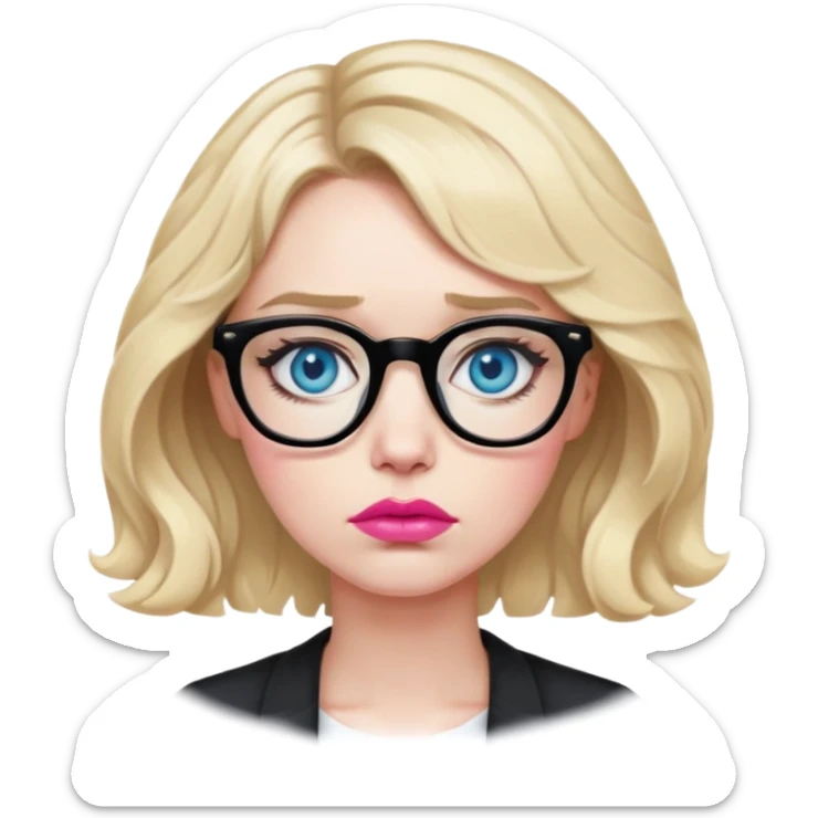 Blonde woman with short wavy hair, blue eyes and pink lips wearing black glasses looking very sad sticker