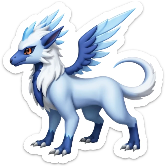 Icy Arctic Frost-Blue Pale-Shimmering Snow-Dusted Majestic Absol-Nargacuga-Latias-fusion-creature (full body) sticker