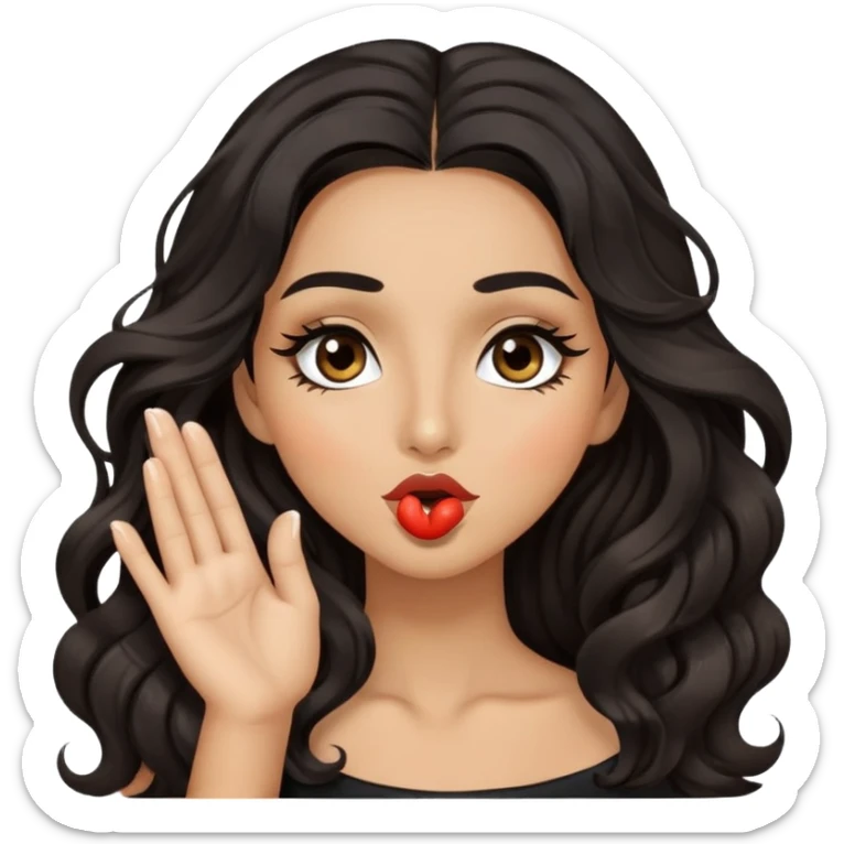 woman with olive skin, brown eyes and long lashes, and long black wavy hair blowing kiss sticker