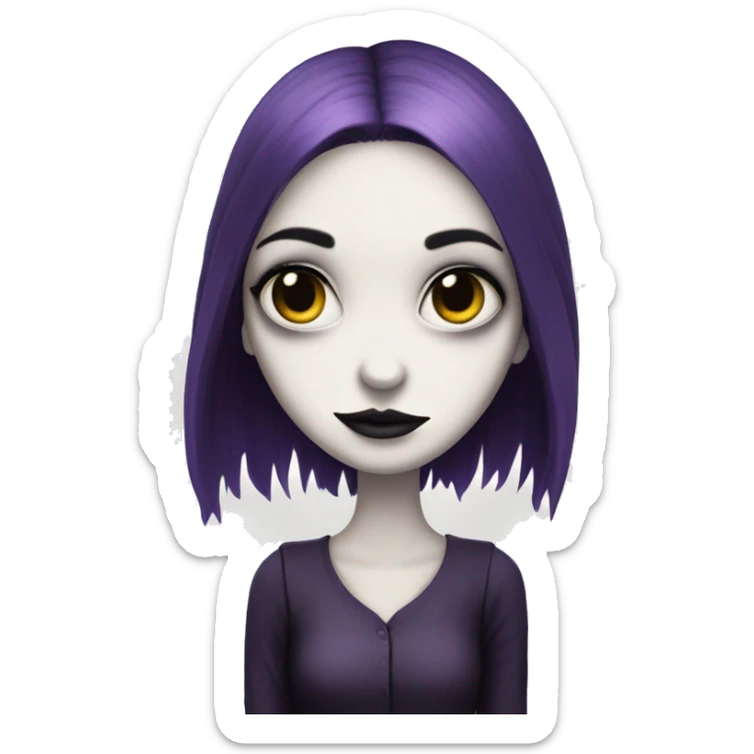 A girl with white skin and dark purple hair with the Tim burton art style  sticker