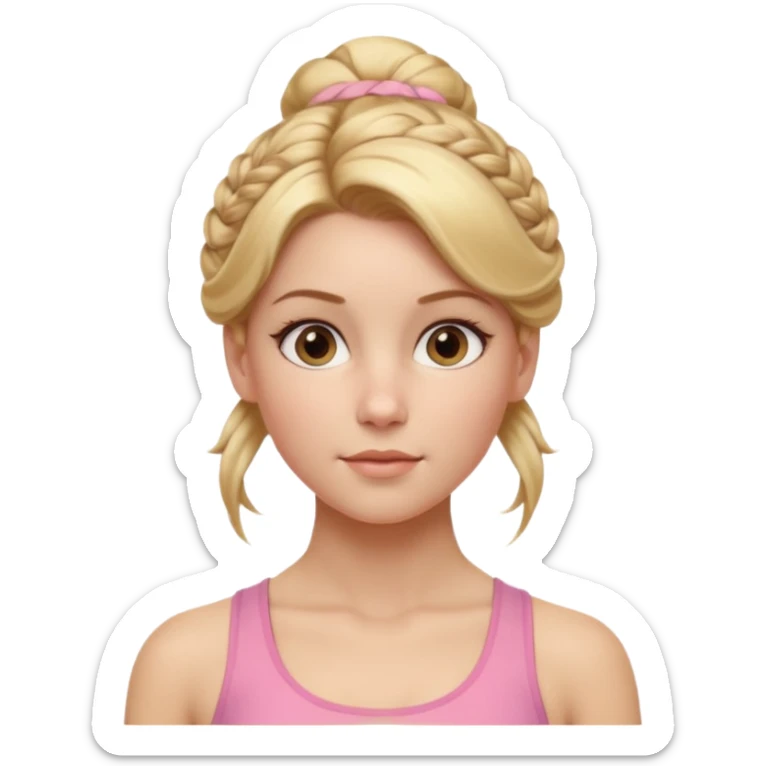 Cinematic Realistic Workout Girl Portrait, depicted with lifelike skin texture, subtle rosy undertones, and soft natural lighting that enhances the gentle contours of her face. Her intricately detailed golden blonde hair is elegantly styled in an updo, sticker
