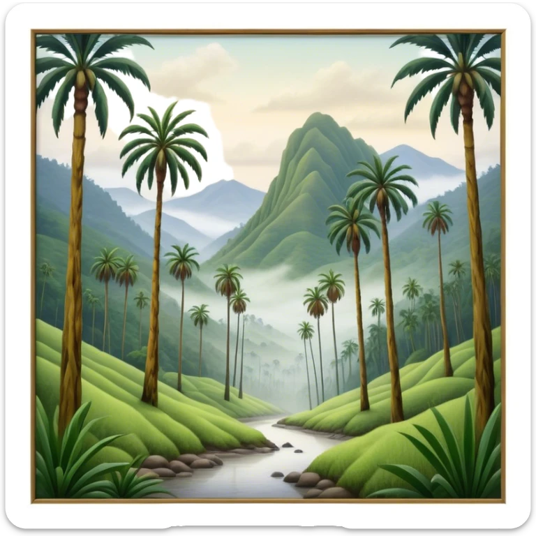 Cinematic Realistic Cocora Valley Landscape Emoji, depicted with towering wax palm trees in a lush, misty valley rendered with rich textures and dynamic, natural lighting. sticker