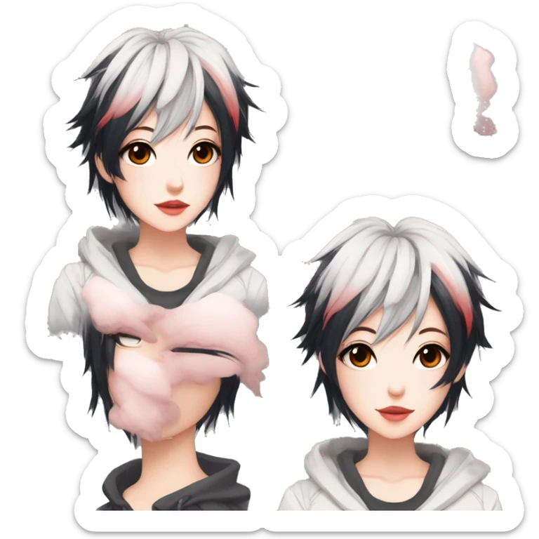 Gorgeous anime style tomboy-lady with blushing face aesthetic and pretty edgy black red punk hair with hair garment trending style sticker