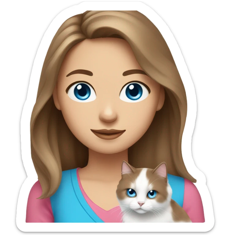 woman with long brown hair and pink shirt and holding a all white Siberian cat with blue eyes sticker