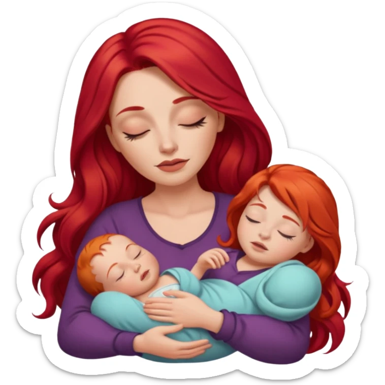 White woman with long red hair and makeup holding a sleeping baby sticker