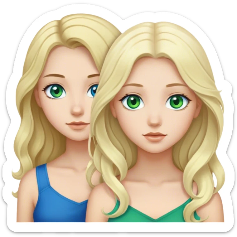 Two girls, one with long wavy black hair and blue eyes. The other girl has shoulder-length blonde hair and green eyes sticker