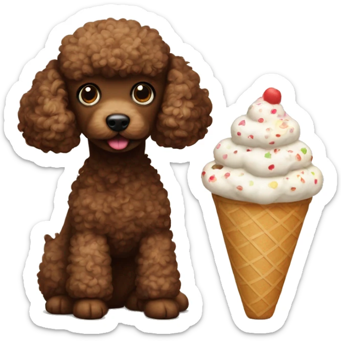 Two brown toy poodles. One is smaller than the other one. One is eating ice cream, the other one I watching sticker